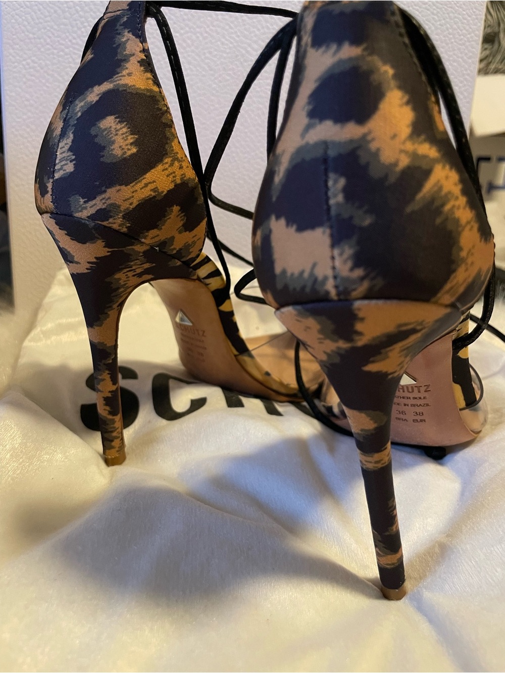 SCHUTZ Black and Leopard satin-Print Pointed-Toe Ankle-Tie Heels Made in Brazil